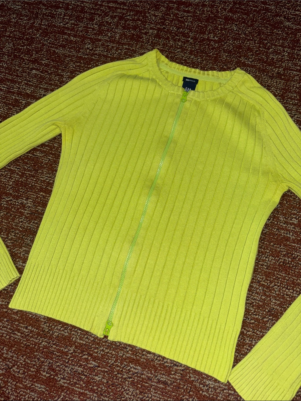 Vintage‎ gap sweater y2k ribbed fitted zip front sweater chartreuse lightweight